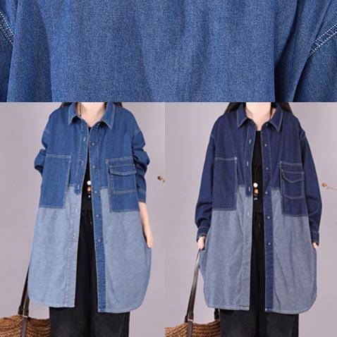 Bohemian Denim Light Blue Long Shirts Lapel Patchwork Oversized Blouse