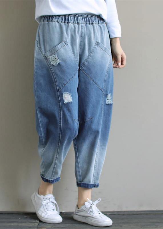 Bohemian Denim Light Blue Trousers Oversize Elastic Waist Hole Work Pant