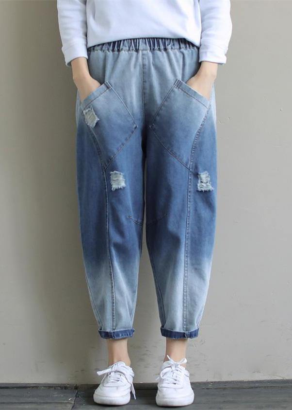 Bohemian Denim Light Blue Trousers Oversize Elastic Waist Hole Work Pant