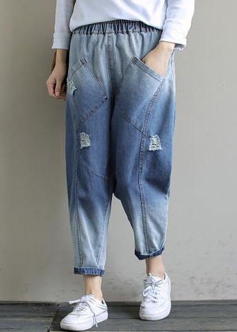 Bohemian Denim Light Blue Trousers Oversize Elastic Waist Hole Work Pant