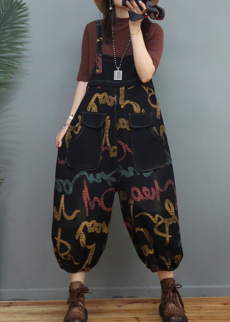 Bohemian Graphic Print Patchwork Denim Lantern Jumpsuits