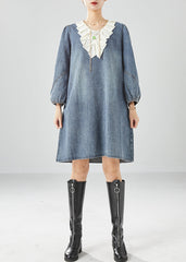 Vestido largo vaquero bohemio con volantes en gris y azul, con patchwork