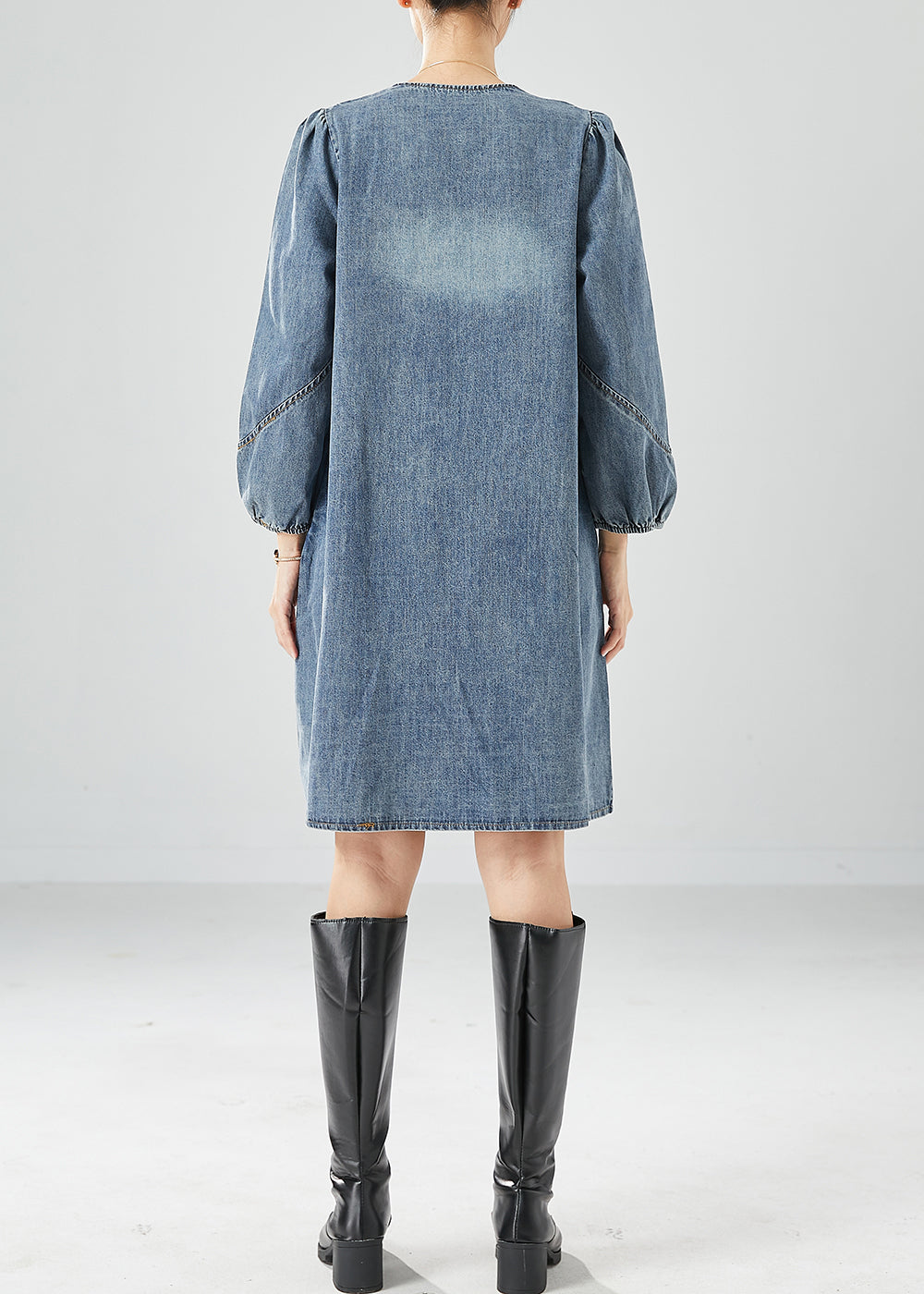 Böhmisches graublaues Rüschen-Patchwork-Maxikleid aus Denim