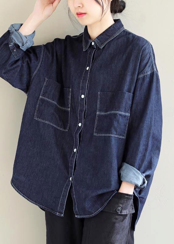 Bohemian Lapel Pockets Tops Pattern Denim Blue Shirt