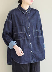 Bohemian Lapel Pockets Tops Pattern Denim Blue Shirt