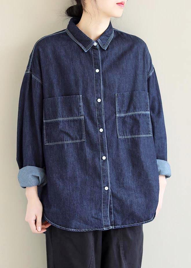 Bohemian Lapel Pockets Tops Pattern Denim Blue Shirt