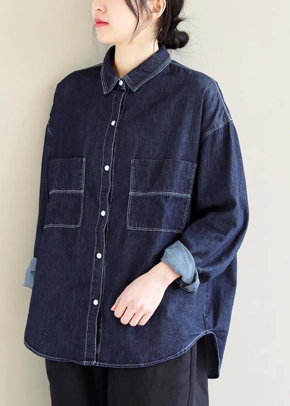 Bohemian Lapel Pockets Tops Pattern Denim Blue Shirt