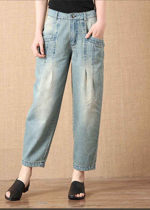 Bohemian Light Blue Button Pockets Casual Harem Fall Denim Pants