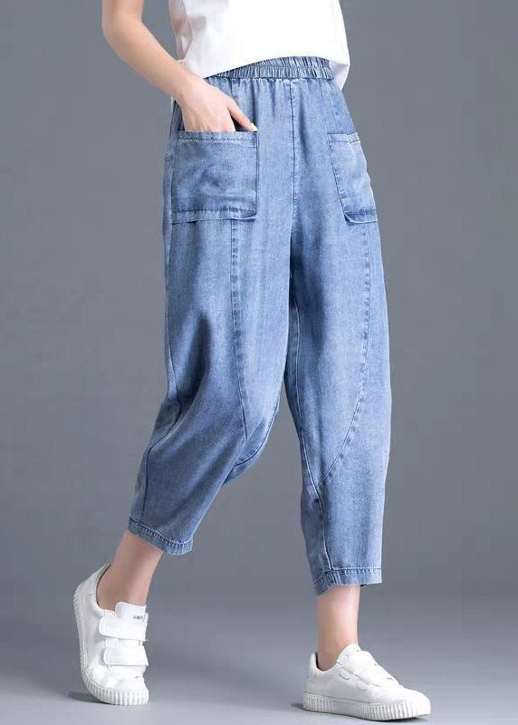 Pantalones bombachos de mezclilla de algodón con bolsillos y cintura elástica en color azul claro bohemio