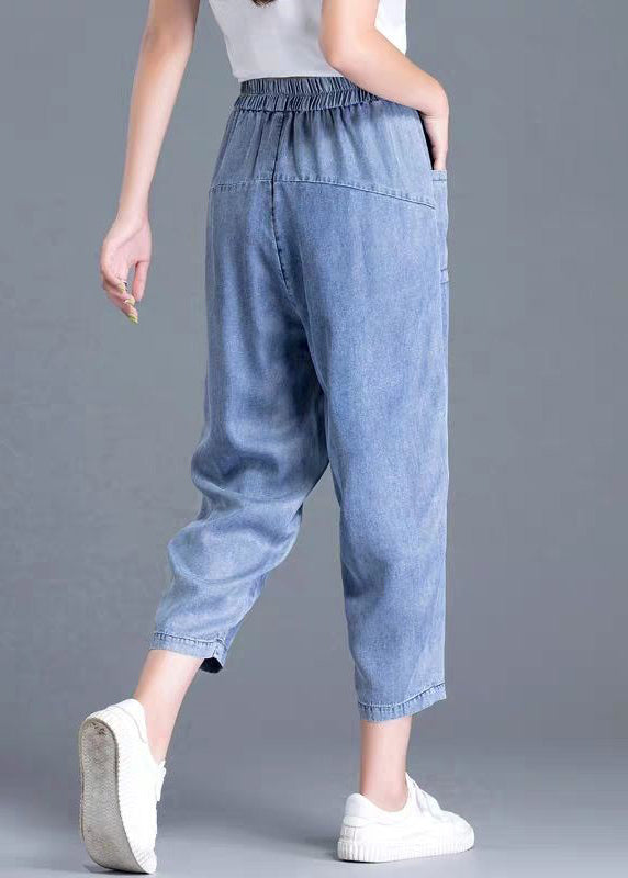 Bohemian Light Blue Elastic Waist Pockets Patchwork Cotton Denim Harem Pants