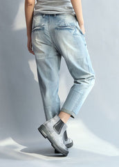 Bohemian Light Blue High Waist Cotton Denim Pants Fall