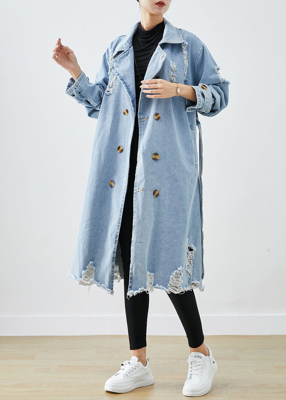 Bohemian Hellblau Revers Zweireiher Denim Zerrissene Mäntel Herbst