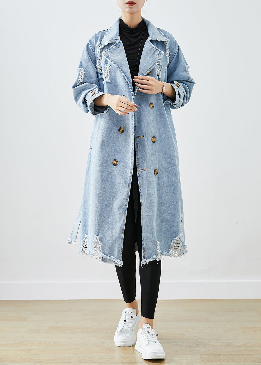 Bohemian Light Blue Lapel Double Breast Denim Ripped Coats Fall