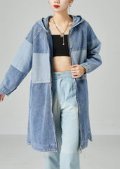 Bohemian Light Blue Oversized Patchwork Cotton Denim Coat