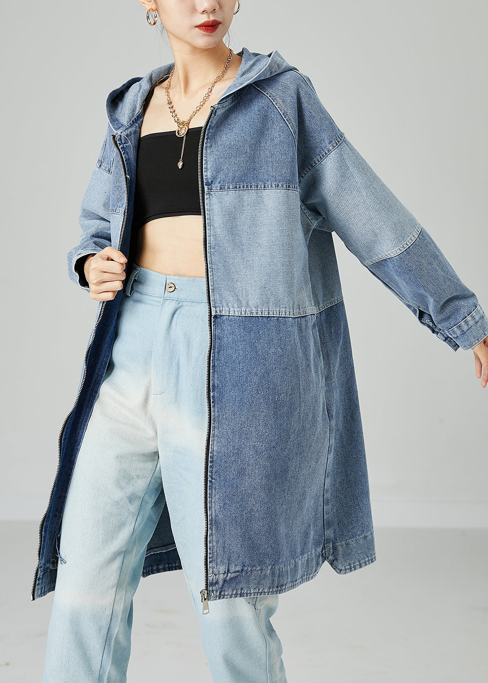 Bohemian Light Blue Oversized Patchwork Cotton Denim Coat