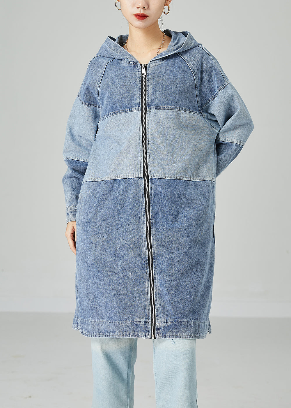 Bohemian Light Blue Oversized Patchwork Cotton Denim Coat