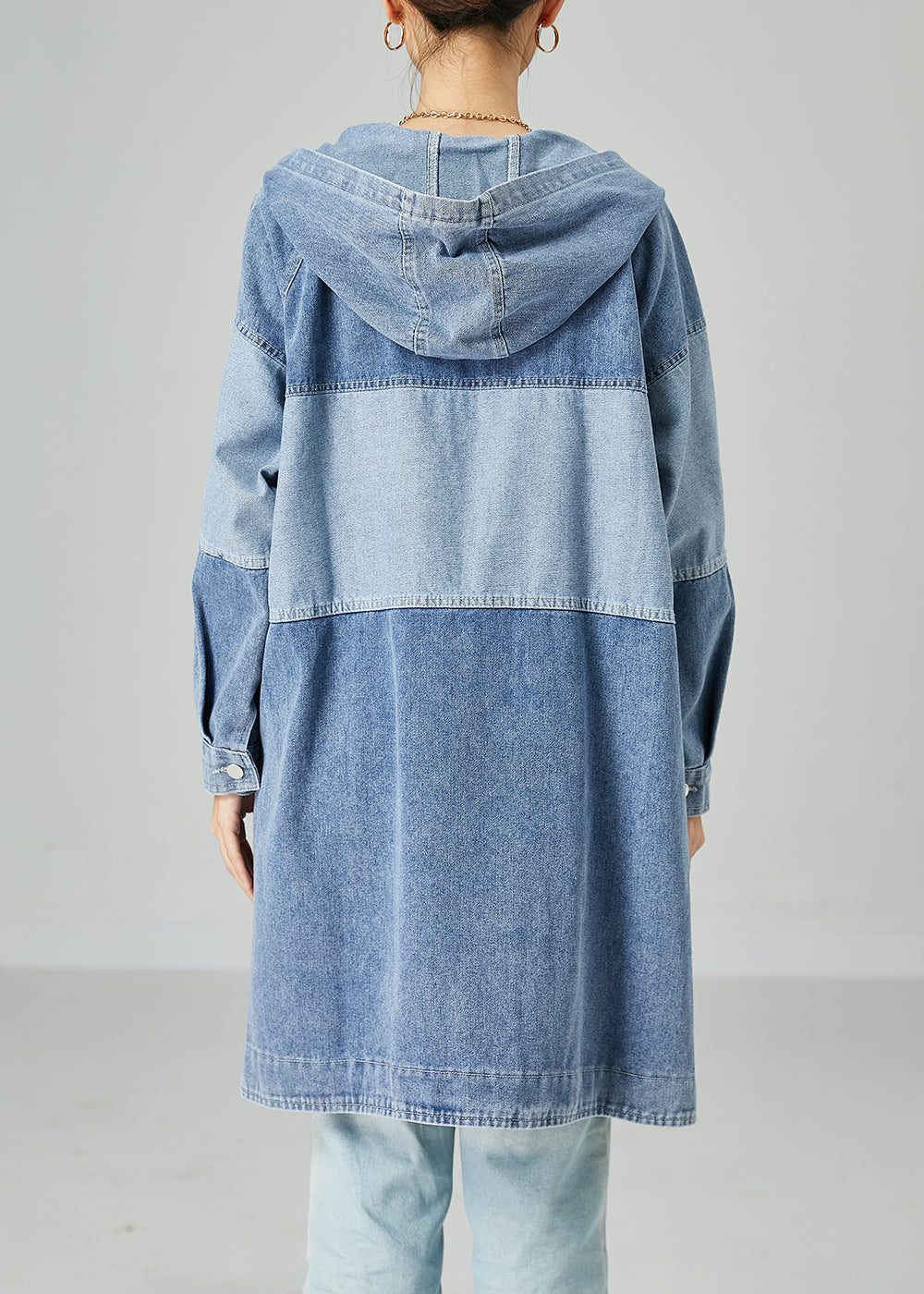 Bohemian Light Blue Oversized Patchwork Cotton Denim Coat