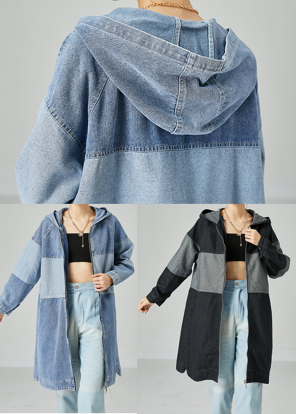 Bohemian Light Blue Oversized Patchwork Cotton Denim Coat