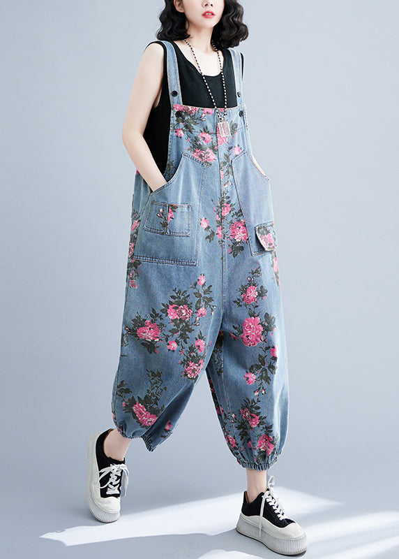 Bohemian Light Blue Oversized Print Pockets Denim Jumpsuits