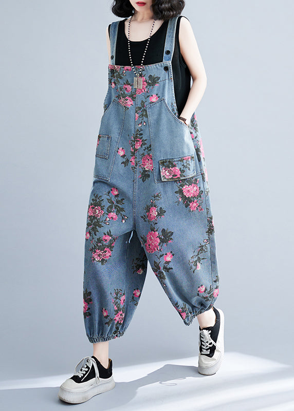 Bohemian Light Blue Oversized Print Pockets Denim Jumpsuits