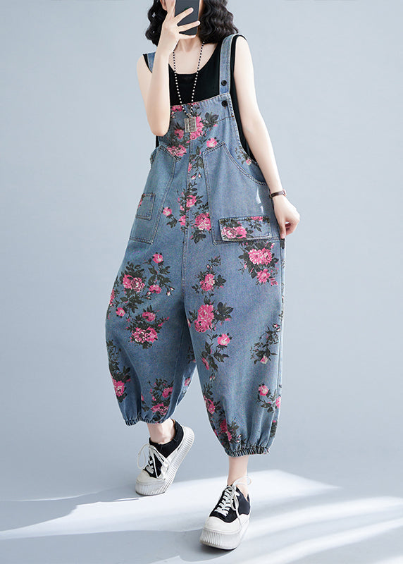 Bohemian Light Blue Oversized Print Pockets Denim Jumpsuits