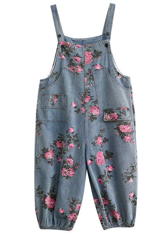 Bohemian Light Blue Oversized Print Pockets Denim Jumpsuits