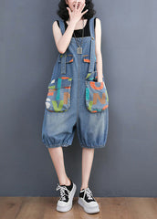 Bohemian Light Blue Slash Neck Print Button Denim Jumpsuit