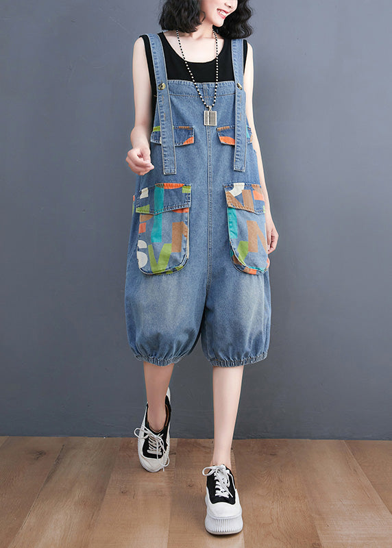 Bohemian Light Blue Slash Neck Print Button Denim Jumpsuit