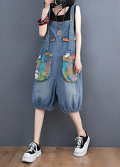 Bohemian Light Blue Slash Neck Print Button Denim Jumpsuit