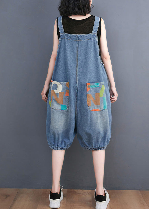 Bohemian Light Blue Slash Neck Print Button Denim Jumpsuit