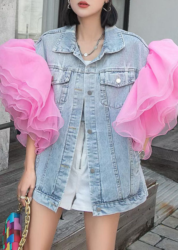 Bohemian Light Blue Tulle Ruffled Patchwork Denim Top