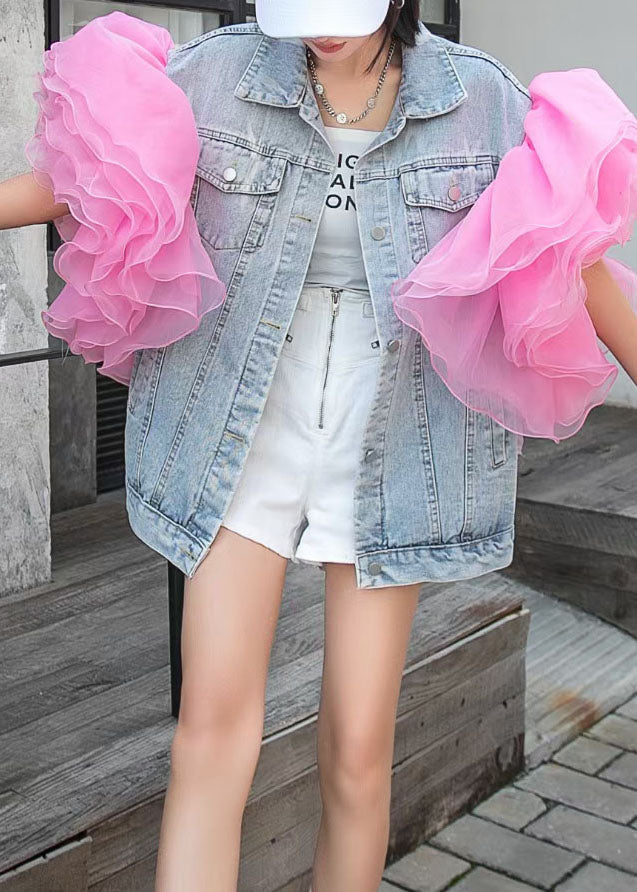 Bohemian Light Blue Tulle Ruffled Patchwork Denim Top