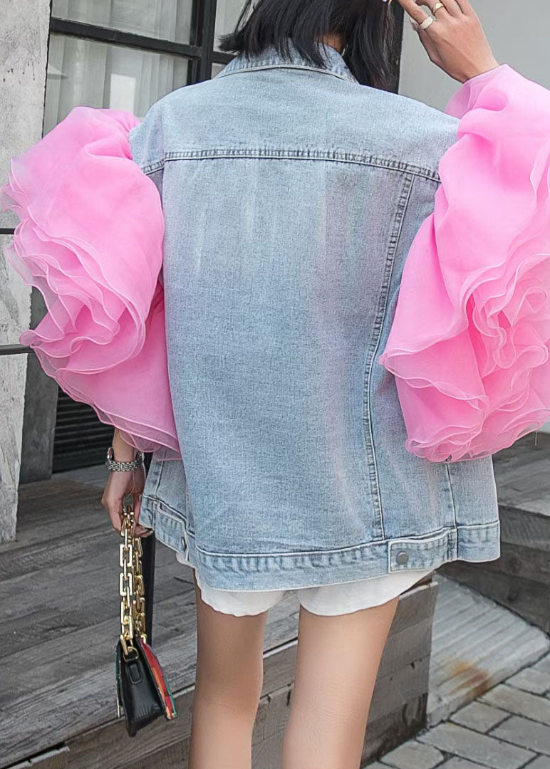 Bohemian Light Blue Tulle Ruffled Patchwork Denim Top