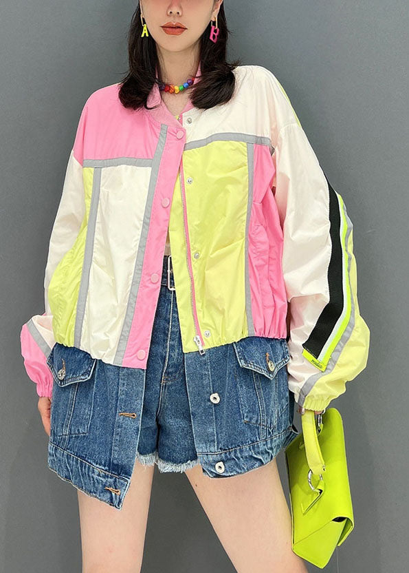 Bohemian Pink Stand Collar Zip Up Denim Patchwork Coats Fall