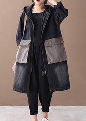 Bohemian denim black Fine tunic pattern Outfits hooded Large pockets winter coats