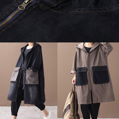 Bohemian denim black Fine tunic pattern Outfits hooded Large pockets winter coats