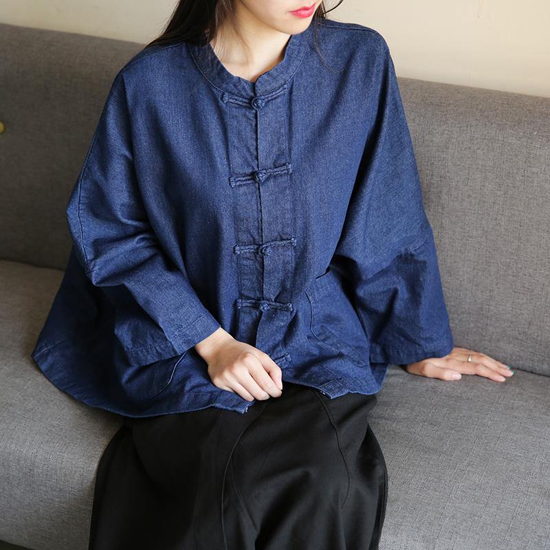 Bohemian denim dark blue clothes For stand collar Chinese Button tunic blouse