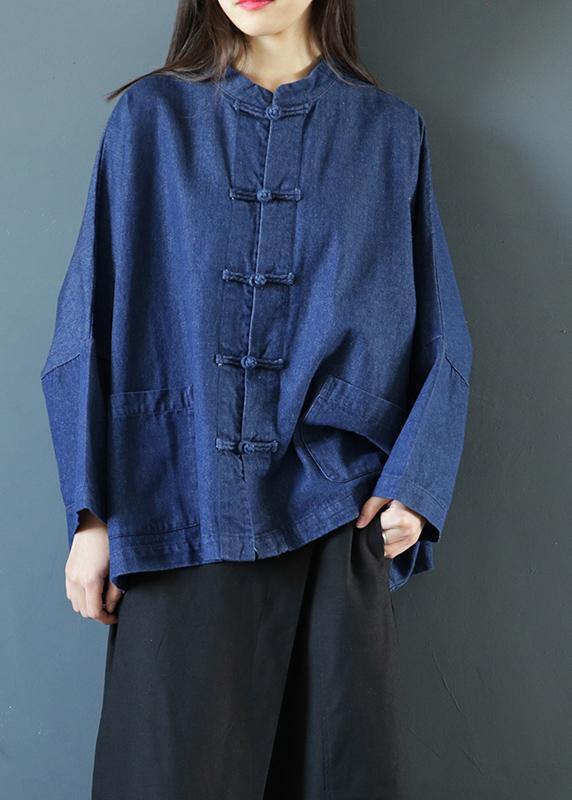 Bohemian denim dark blue clothes For stand collar Chinese Button tunic blouse