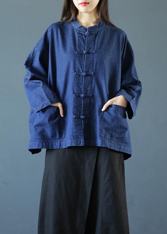 Bohemian denim dark blue clothes For stand collar Chinese Button tunic blouse