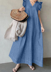 Boho Baby Blue V Neck Ruffled Patchwork Denim Dress