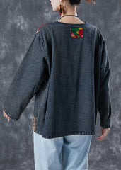 Boho Black Asymmetrical Patchwork Denim Sweatshirts Top