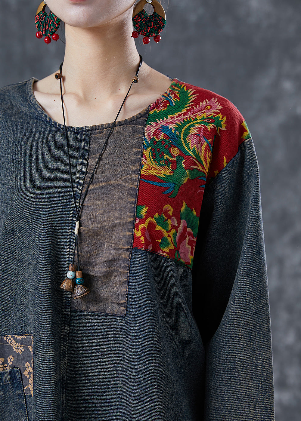 Boho Black Asymmetrical Patchwork Denim Sweatshirts Top