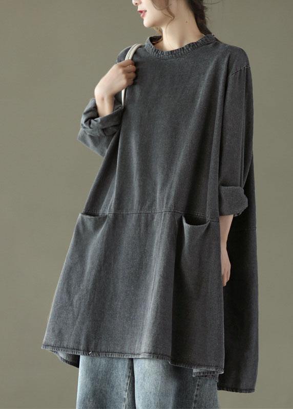 Boho Black Grey-yellow flower O-Neck Pockets Denim Long Dresses Long Sleeve