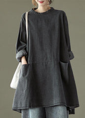 Boho Black Grey-yellow flower O-Neck Pockets Denim Long Dresses Long Sleeve