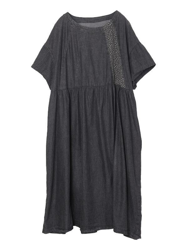 Boho Black Patchwork Cinched Denim Ankle Dress