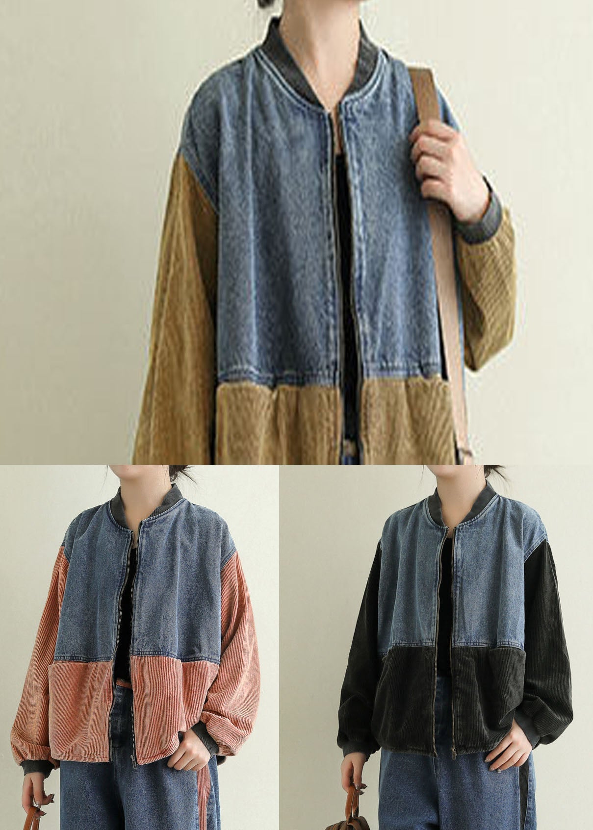 Boho Black Pockets Corduroy Patchwork Denim Jackets