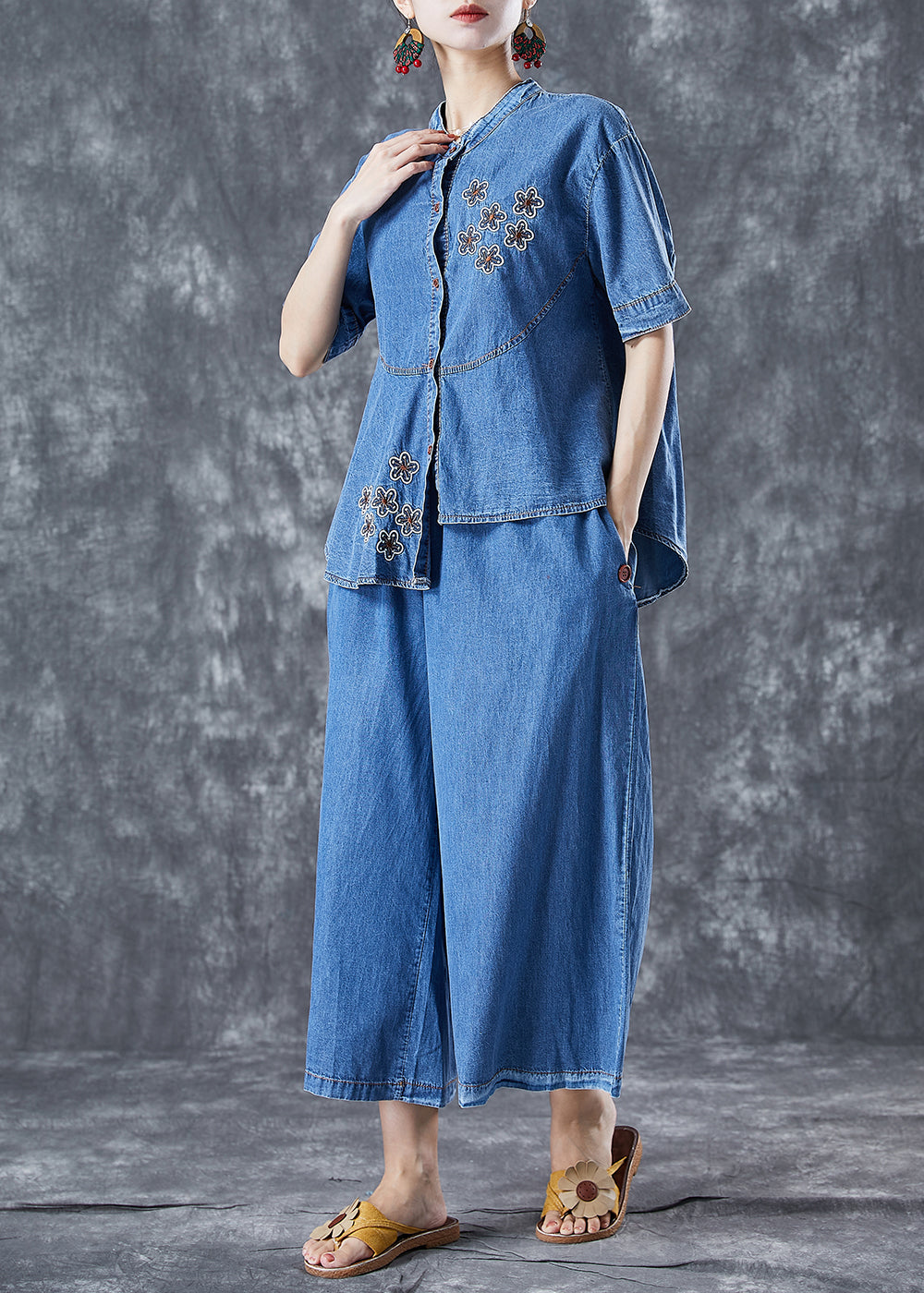 Boho Blue Asymmetrical Embroideried Denim Two Piece Set Fall