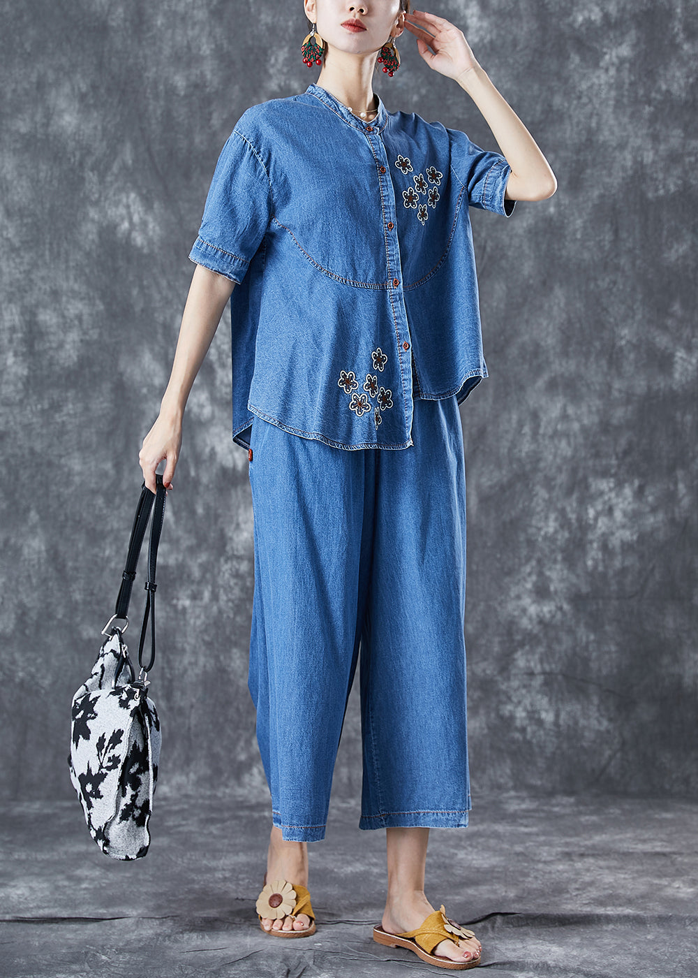 Boho Blau Asymmetrische Bestickte Denim Zwei Stück Set Herbst