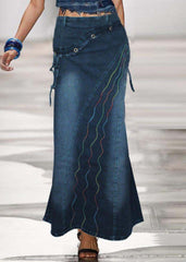 Boho Blue Embroideried Patchwork Denim Skirts