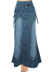 Boho Blue Embroideried Patchwork Denim Skirts